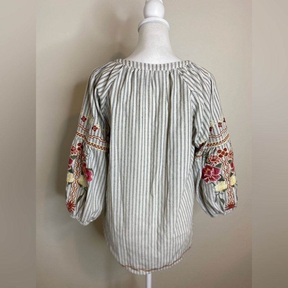 Floral Embroidered Cotton Bubble Sleeve Bohemian Tassel Striped Women's Top Sz M - Picture 3 of 9